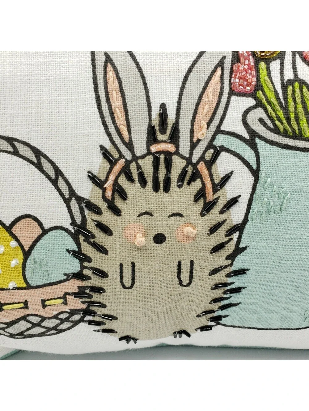 Bunny Tales Accent Throw Pillow Beaded Hedgehogs Embroidered 20x14 White Teal